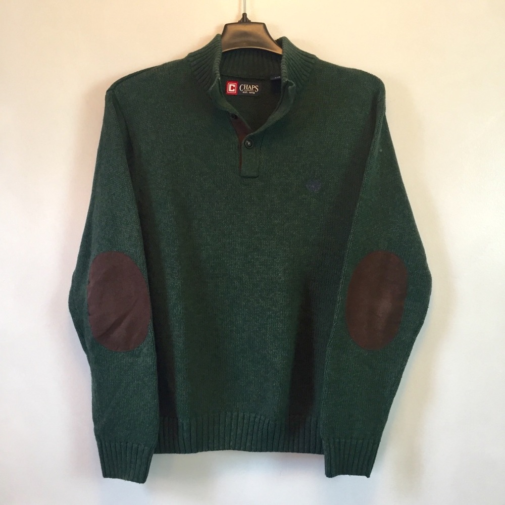 Chaps Elbow Patch Pullover Sweater Green Cotton  L